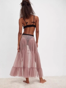 Pink heart-patterned tulle tiered maxi skirt with elegant french polka dot design