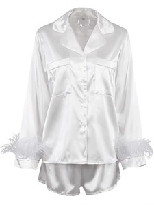 White satin pajama set for women with long sleeve feather cuffs and matching shorts