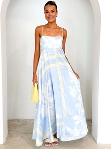 Floral print backless maxi dress with spaghetti straps and high waist in light blue