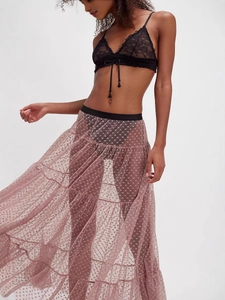 French style pink polka dot mesh maxi skirt with a high waist and layered design