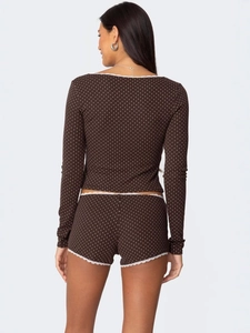 Braunes Polka-Dot-Hausanzug-Set mit Camisole-Top und Shorts mit Spitzenbesatz, Rückansicht