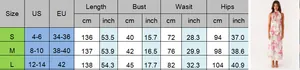 Size chart for floral halter maxi dress showing measurements in cm and inches for S to L
