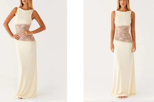 Detailed view of sheer floral lace panel and silky fabric on this cream maxi dress