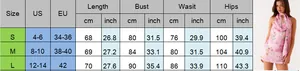 Tableau des tailles détaillé pour la robe dos nu à fleurs avec mesures US et EU
