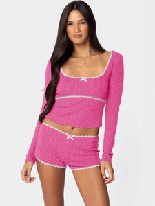 Rosa gepunktetes Pyjama-Set mit Spitzenbesatz, Camisole und passenden Shorts für Damen