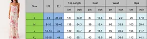 Guide des tailles détaillé pour robe imprimée dos nu avec mesures du S au XL