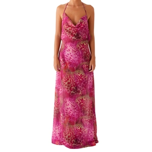 Detail of fuchsia floral leopard print maxi dress with halter neckline and airy fabric