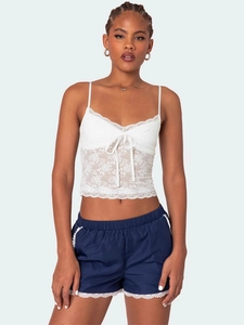 Débardeur Femme Sexy en Dentelle Florale Coupe Ajustée Sans Manches Crop Top Avec Nœud Streetwear Gilet d'Été