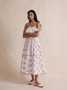 Women Strapless Floral Print Maxi Dress Smocked High Waist Ruffle Tiered Boho Sleeveless Summer Beach Dress White