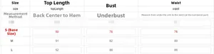 Detailed size chart for sexy mini dress with length, bust, and waist measurements