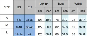 Size chart for strapless bohemian maxi dress showing US and EU sizing and measurements
