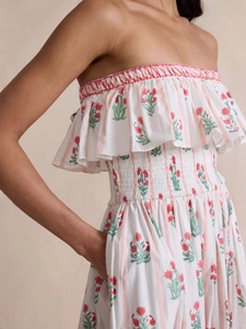 Elegant white floral smocked waist maxi dress with ruffle tube top and side pockets