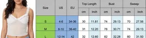 Tableau des tailles pour caraco en dentelle avec mesures US et EU en cm et pouces
