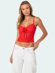 Débardeur chic en dentelle rouge pour femme avec nœud à cordon et bordure festonnée
