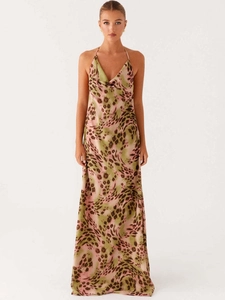 Leopard Print Halter Backless Maxi Dress Cowl Neck Satin Sexy Street Sleeveless Long Party Dress For Women Sundress