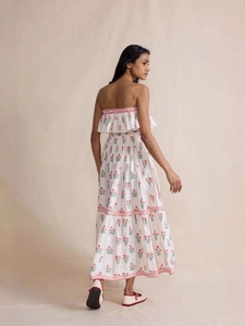 Elegant white floral off-shoulder tiered dress with pink botanical print and ruffles