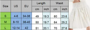 Detailed size guide for the white tiered mini skirt with waist and length specs