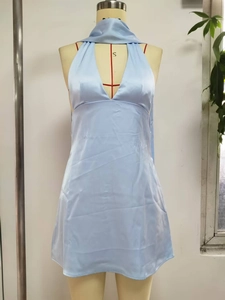 Detailed front view of light blue satin halter mini dress with a deep V-neck and tie neck