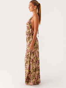 Sexy leopard print halter backless maxi dress in light pink and olive green tones
