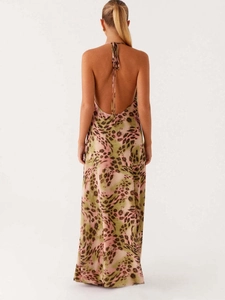 Sexy leopard print halter backless maxi dress in pink and olive green tones