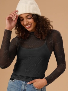 Sheer black long sleeve mesh top with 3D bow texture and slim fit design for women