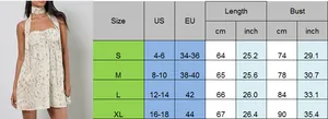 Guide des tailles pour robe à fleurs dos nu avec mesures US et EU détaillées