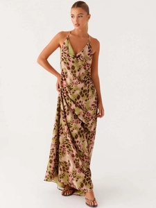 Elegant halter neck leopard print maxi dress in pink and green silky satin fabric