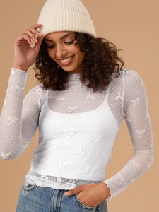 Slim fit white sheer mesh long sleeve t-shirt with elegant bow pattern and camisole set
