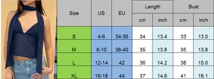 Größentabelle für gepunktetes Neckholder Top mit US- und EU-Maßen von S bis XL