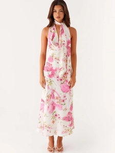 Women Sexy Halter Neck Backless Floral Print Satin Maxi Dress Sleeveless Summer Vacation Party Dress Elegant Flowy Gown