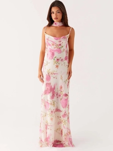 Robe Maxi Sexy Femme Imprimé Floral Rose Bretelles Spaghetti Avec Écharpe Col Bénitier Dos Nu Robe Longue Été