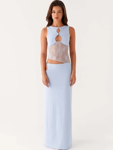 Sexy Backless Lace Patchwork Hollow Out Maxi Dress Sleeveless Round Neck Asymmetrical Cut Out Slim Fit Women Party Dress