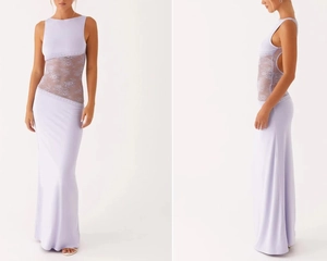Elegant lavender lace patchwork slim fit sleeveless maxi dress for women in summer