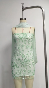 Detail of light green mesh dress featuring white floral embroidery and sequins