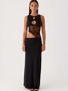 Elegant black sleeveless maxi dress with sexy cut-outs and floral lace stitching