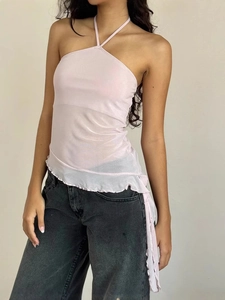 Haut dos nu vintage rose clair en tissu transparent avec ourlet à volants asymétrique