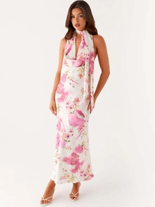 Floral print halter neck maxi dress with backless design and scarf-style neck tie