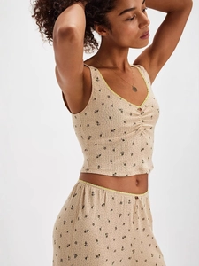 Women floral pajama set with V-neck camisole and long pants in beige floral print