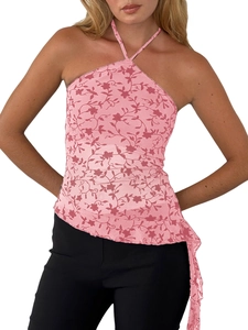 Haut licou à fleurs roses avec ourlet asymétrique et imprimé vintage pour femme