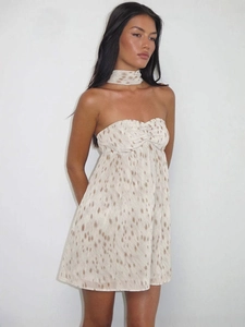 Robe Bandeau Imprimé Léopard Femme Été Dos Nu Plissée Sexy Mini Robe Avec Écharpe Assortie Abricot
