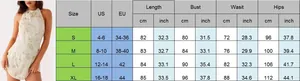 Tableau des tailles pour robe mini Y2k à paillettes avec mesures US et EU de S à XL