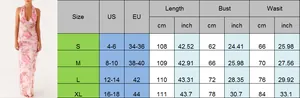 Detailed size chart for the women's slim halter dress with ruffles and floral print