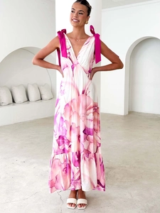 Women V Neck Floral Maxi Dress Sleeveless Backless Ruffle Hem Bow Shoulder Tie Up Elegant Summer Vacation Long Sundress