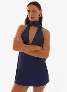 Detail of navy blue satin mini dress with deep V-neck and matching neck scarf