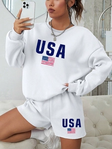 White casual two-piece lounge set with long sleeve USA print sweatshirt and matching shorts