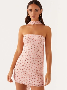 Damen Sexy Chiffon Blumenmuster Schlauch Minikleid Mit Passendem Choker Rückenfrei Slim Fit Nachtclub Party Kleid