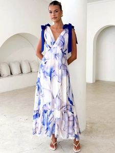 Women's summer V-neck sleeveless floral maxi dress with blue bow shoulder ties