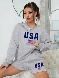 Women's grey two-piece lounge set with USA letter print sweatshirt and shorts