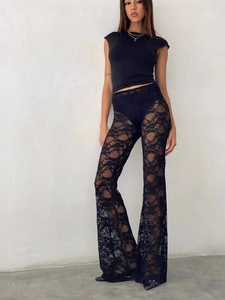 Pantalon Évasé Femme Sexy en Dentelle Noire Évidée Florale Transparent Taille Haute Coupe Ajustée Pantalon de Fête et Club