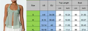 Size chart showing US, EU measurements for sequin backless halter top with floral embroidery